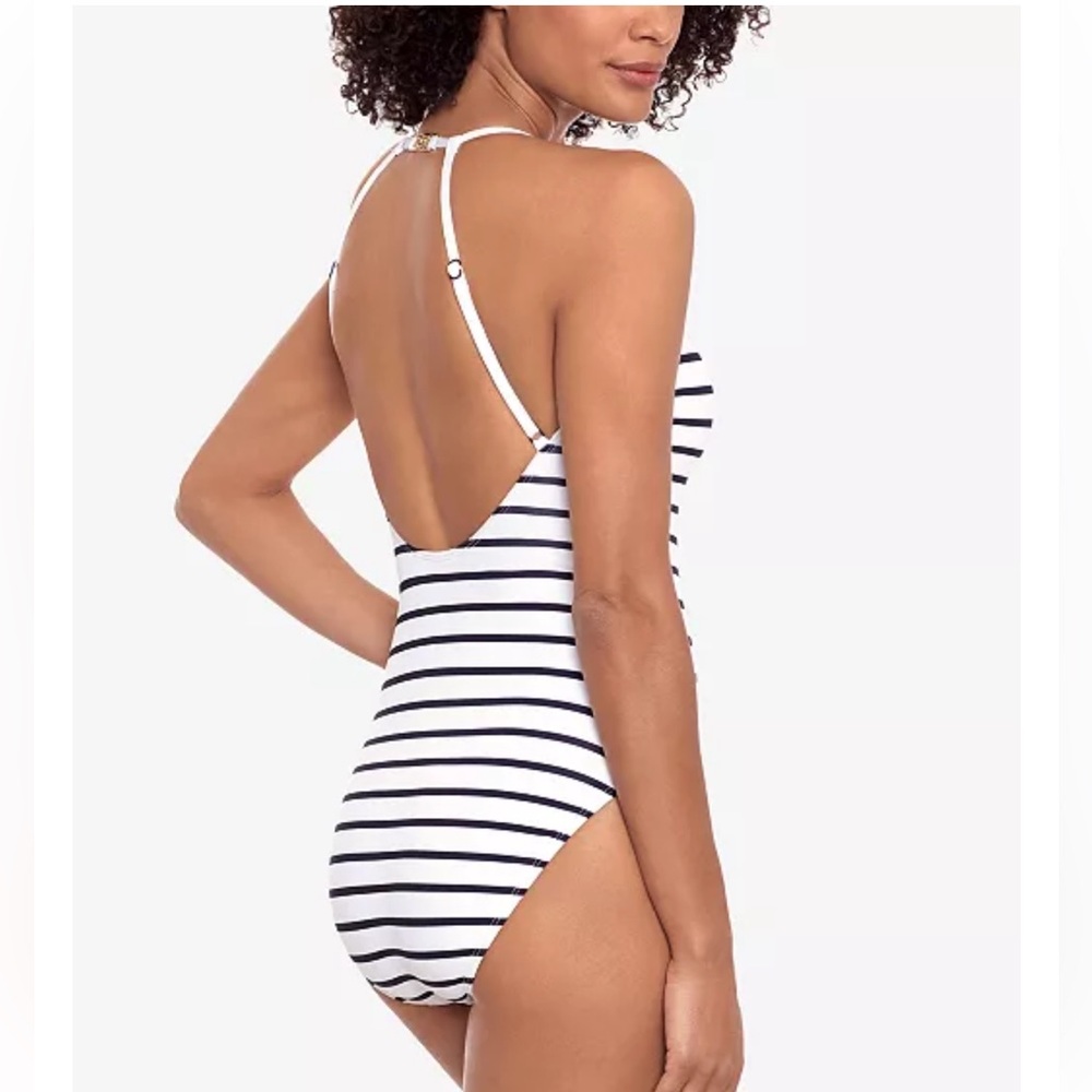 Lauren Ralph Lauren Breton Black and White Striped One-Piece 12 halter Swimsuit - Picture 2 of 15